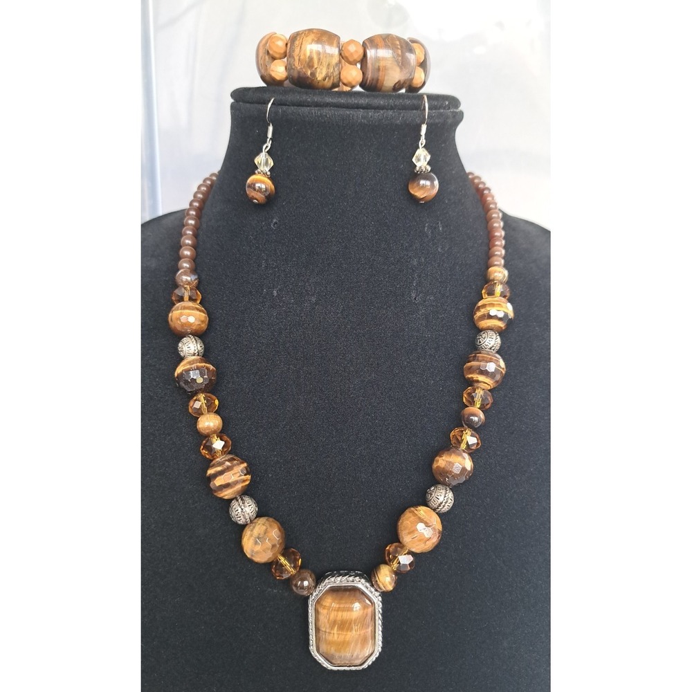 Fashion Jewelry Set Necklace Pendant Bracelet Earrings Gemstone Tiger's Eye